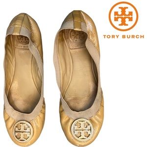 TORY Burch Caroline Slip-on Ballet Flats Shoes Nude Leather Gold Logo Womens 7.5